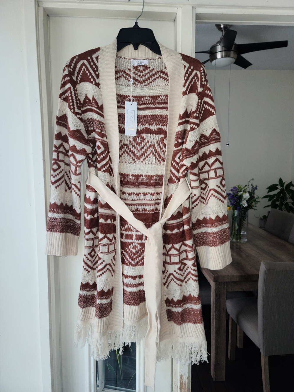 Sage Cream and Rust Aztec Knit Belted Cardigan